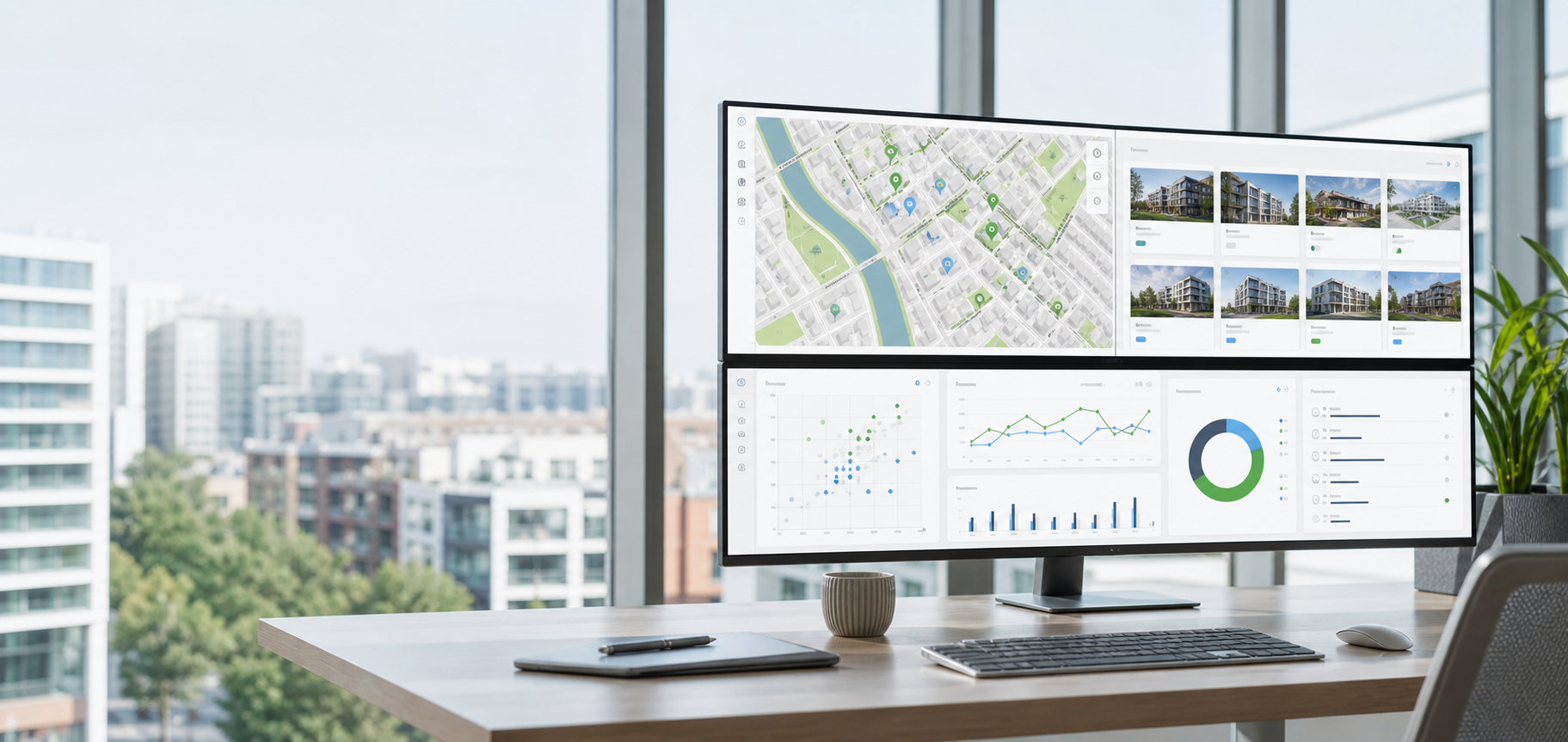 Real estate workflow dashboard with property cards, map context, and operating metrics